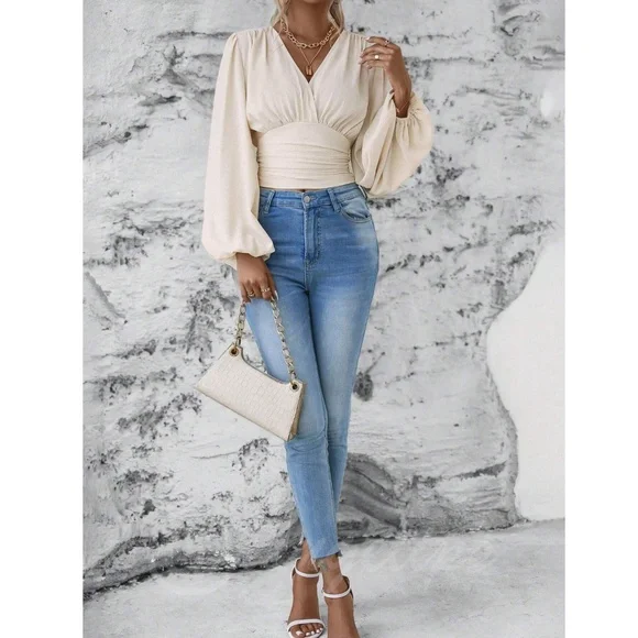 Beige V-Neck Long Lantern Sleeve Ruched Top Shirt Blouse - Picture 4 of 9